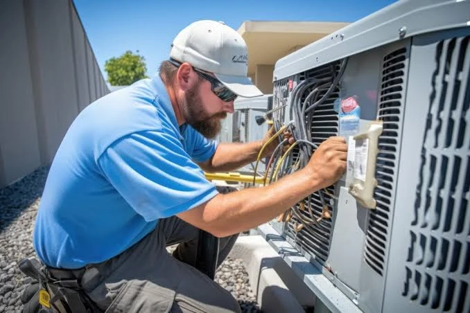 Technician inspecting the wiring of an outdoor air conditioning unit