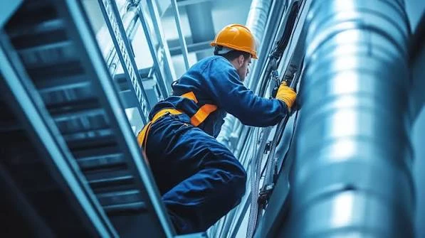 Worker inspecting mechanical equipment beside large ventilation ducts