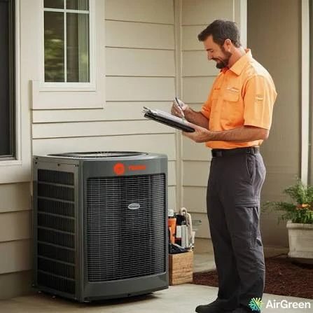 Technician recording inspection details beside an outdoor residential HVAC unit