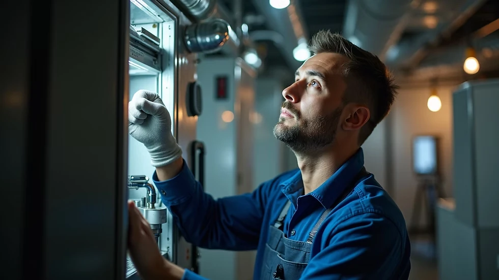 Technician inspecting equipment inside a heating system cabinet